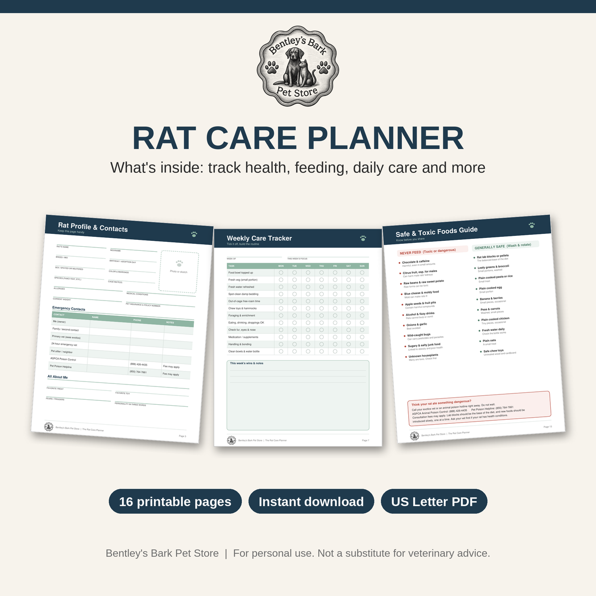 The Rat Care Planner - Printable PDF (Instant Download)