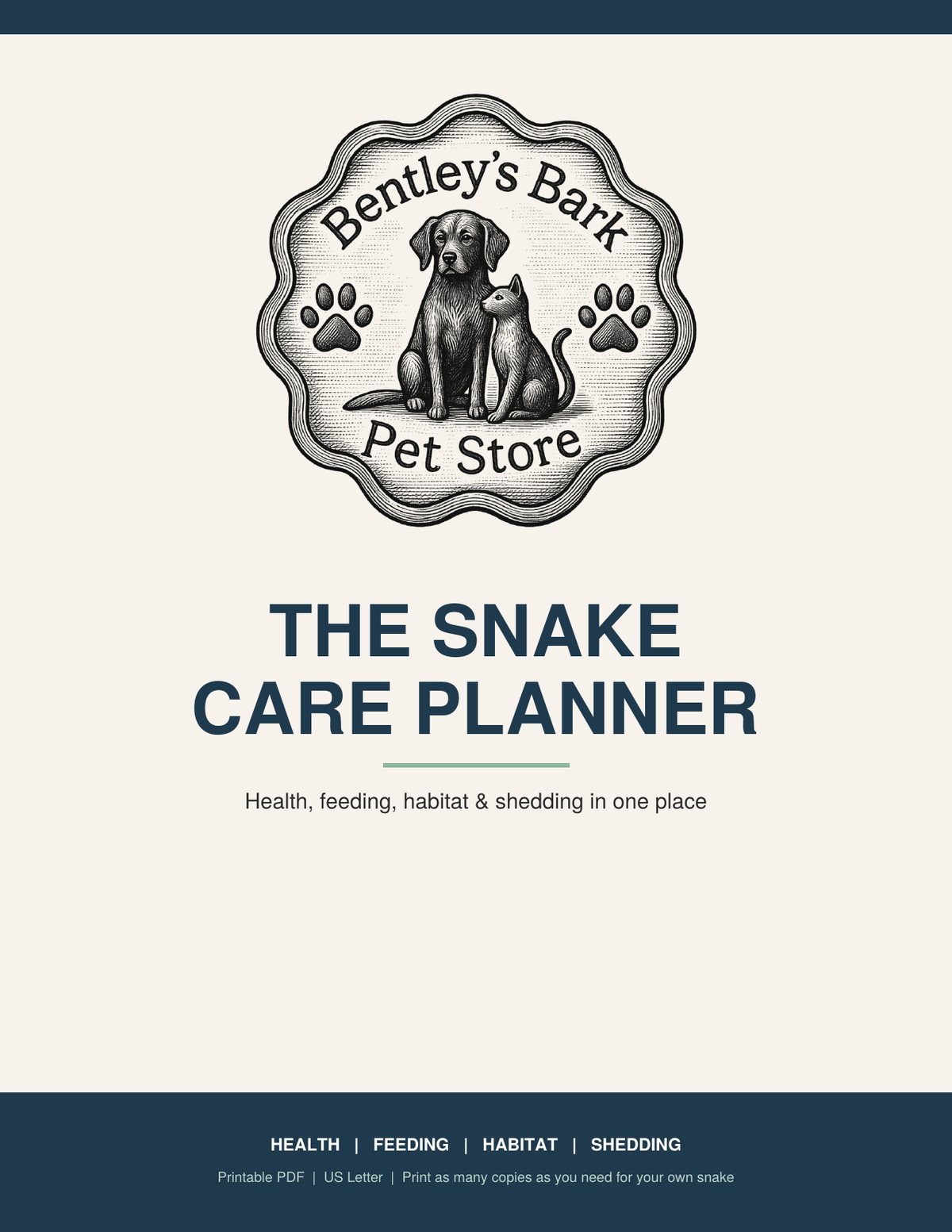 Snake Care Planner cover with the Bentley's Bark logo and title, a printable PDF