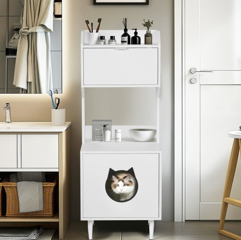 Hidden Cat Litter Box Enclosure with Shelves & Doors — White Wooden Industrial Cabinet