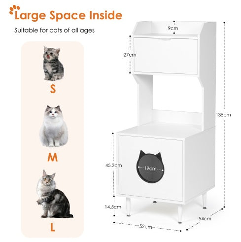 Hidden Cat Litter Box Enclosure with Shelves & Doors — White Wooden Industrial Cabinet