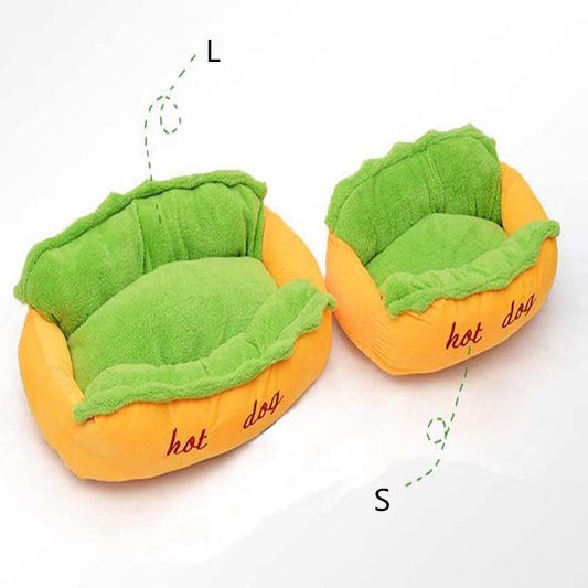 Hot Dog Shaped Dog Bed, Cushioned Fabric, XS–XL