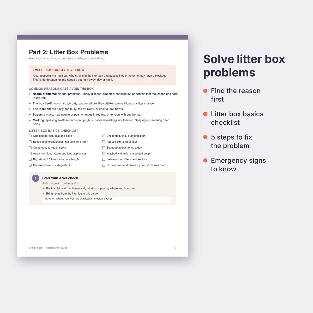 Inside pages: scratching, litter box problems, introducing a new cat, litter box log and introduction tracker