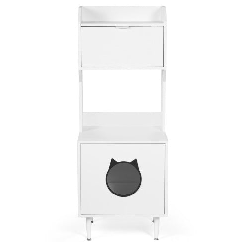 Hidden Cat Litter Box Enclosure with Shelves & Doors — White Wooden Industrial Cabinet