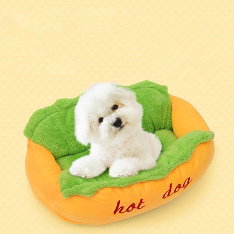 Hot Dog Shaped Dog Bed, Cushioned Fabric, XS–XL