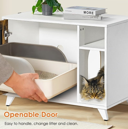 Litter Box Enclosure,Modern Hidden Cat Litter Box Enclosure Furniture With Scratching Pad For Living Room, White  Vintage Color Door Frame