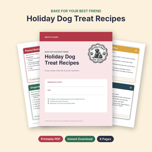 Holiday Dog Treat Recipes printable PDF cover with logo, with recipe cards behind it