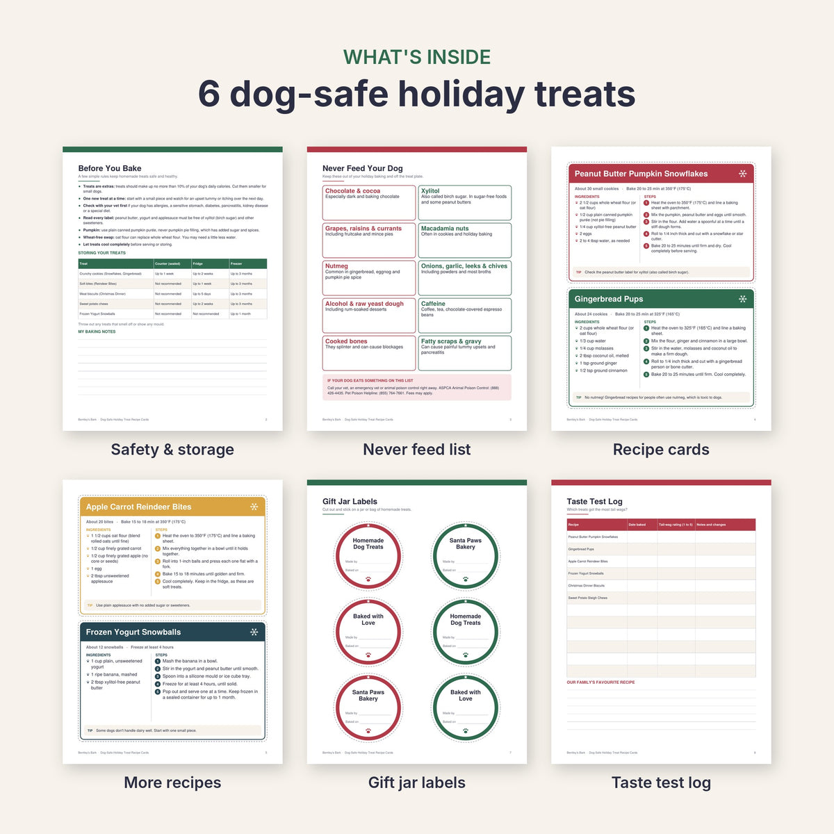 Inside: safety and storage guide, never feed list, recipe cards, gift jar labels and taste test log