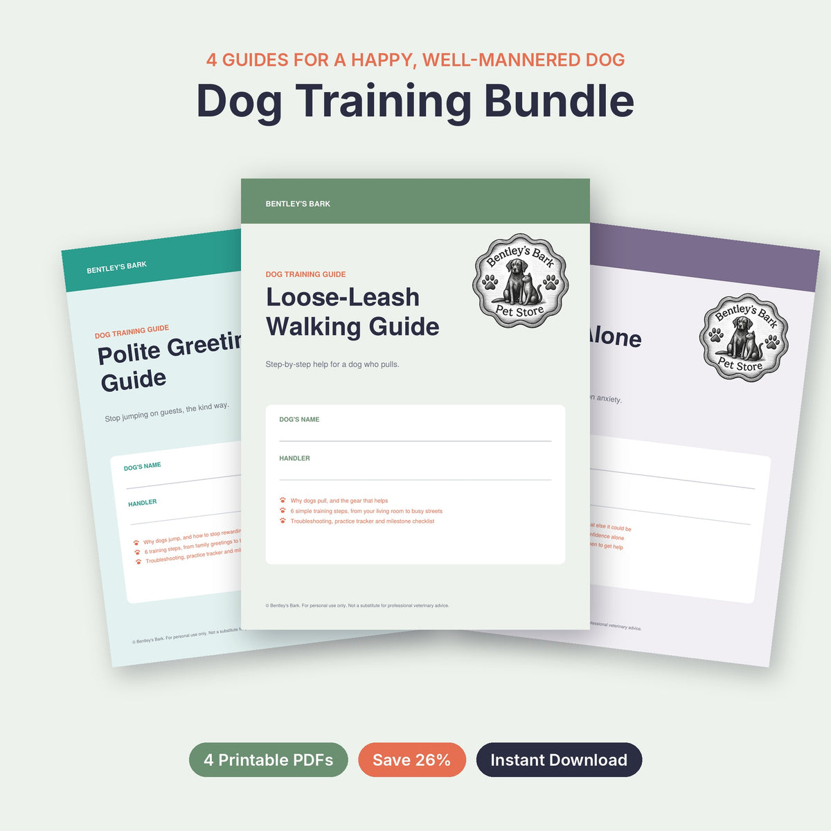 Dog Training Bundle: Loose-Leash, Polite Greetings and Home Alone guides plus Training Journal, save 26%