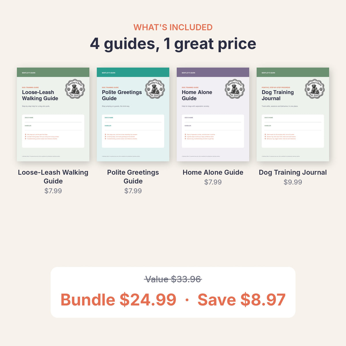 What's included: four guide covers with prices, value $33.96, bundle price $24.99, save $8.97