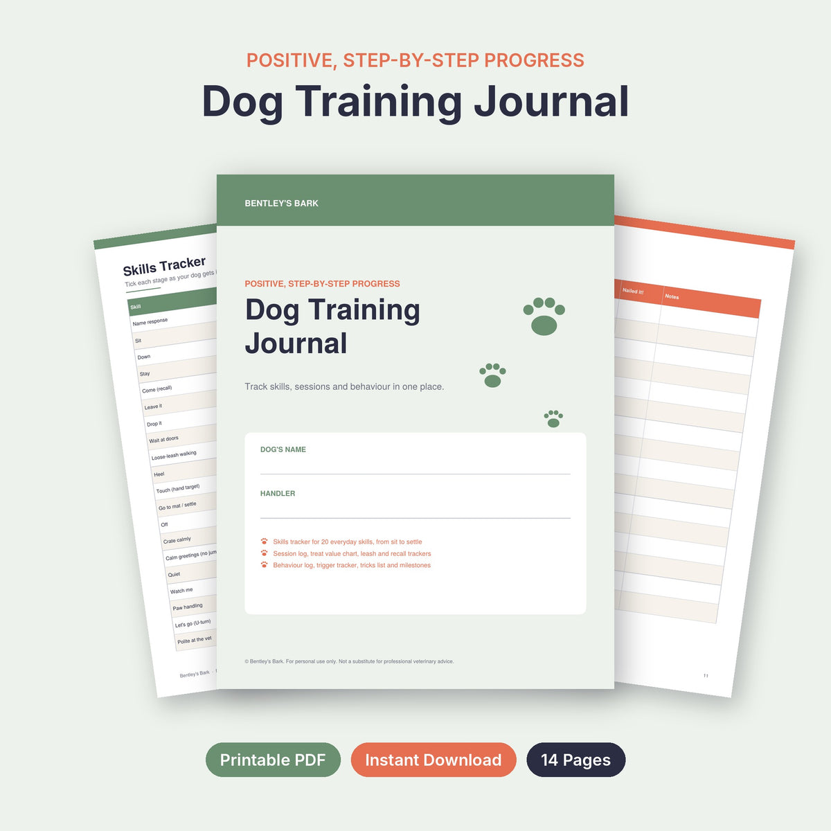 Dog Training Journal printable PDF cover with skills tracker and tricks list pages behind it
