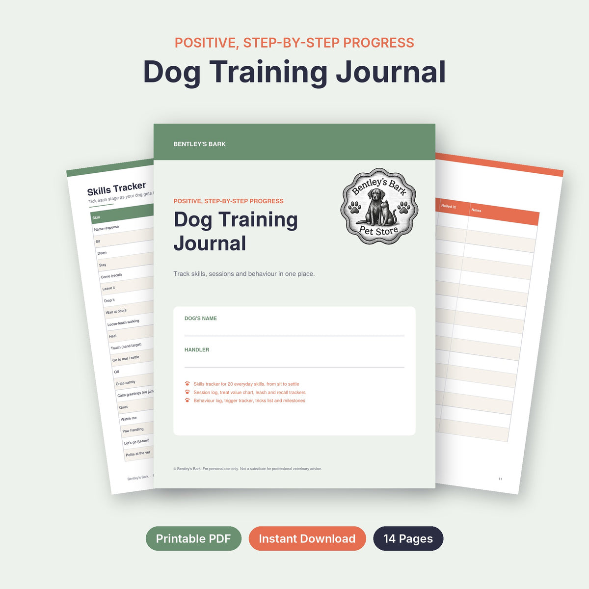 Dog Training Journal printable PDF cover with Bentley's Bark logo, 14 pages of positive, step-by-step training