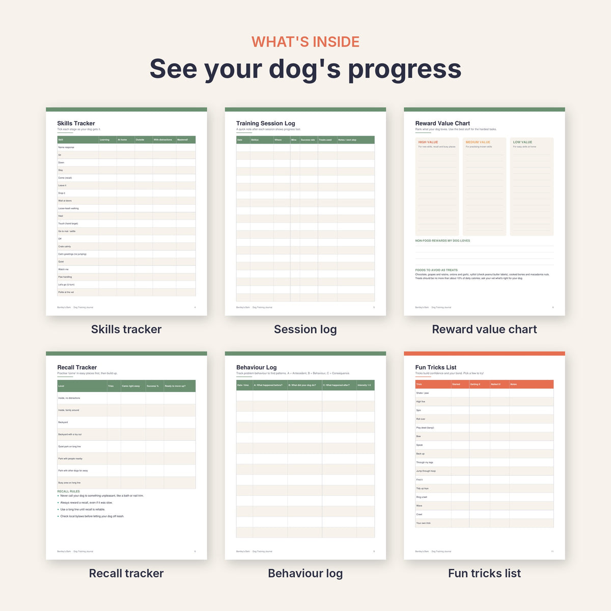 Inside pages: skills tracker, session log, reward value chart, recall tracker, behaviour log and tricks list