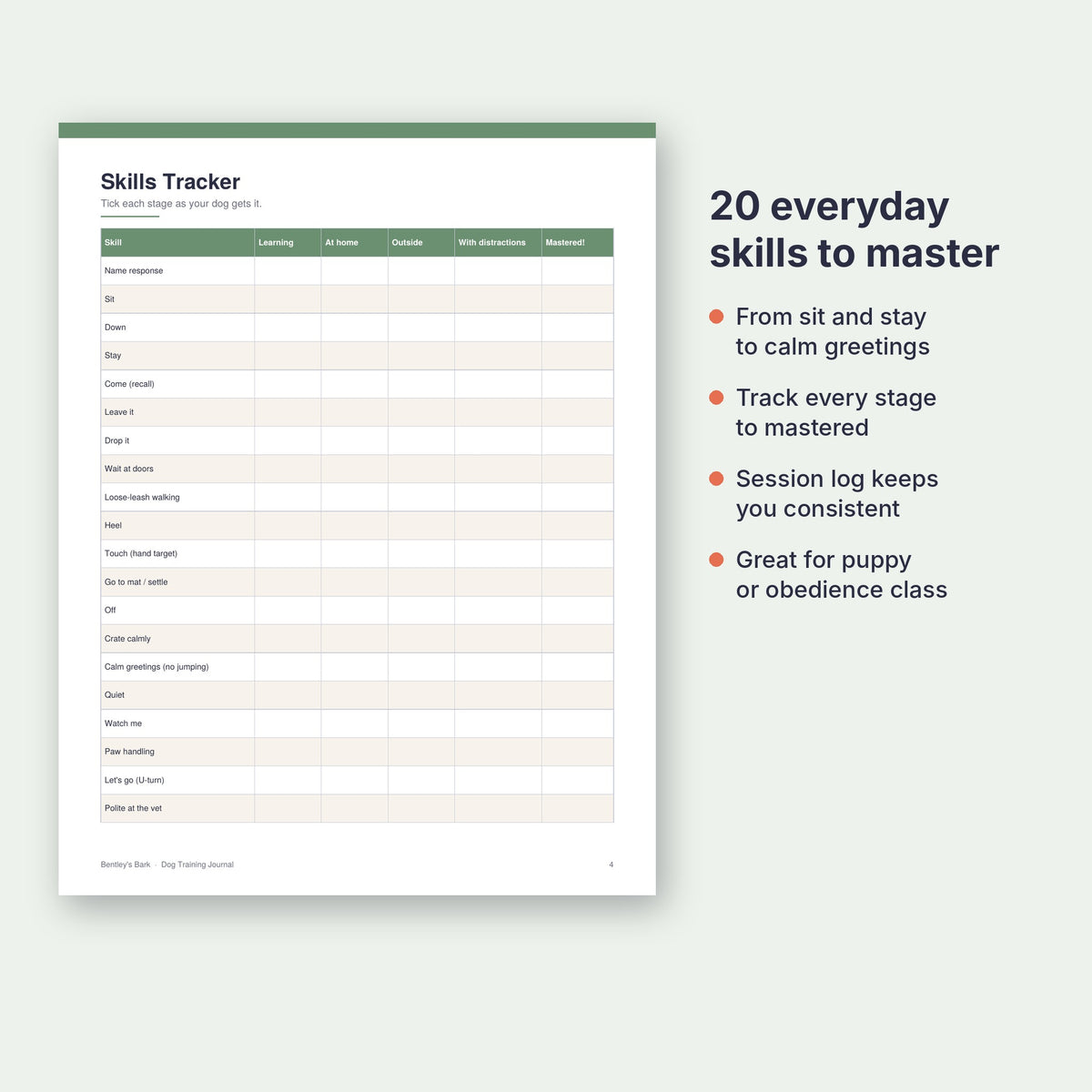 Dog training skills tracker page listing 20 skills with progress stages up to mastered