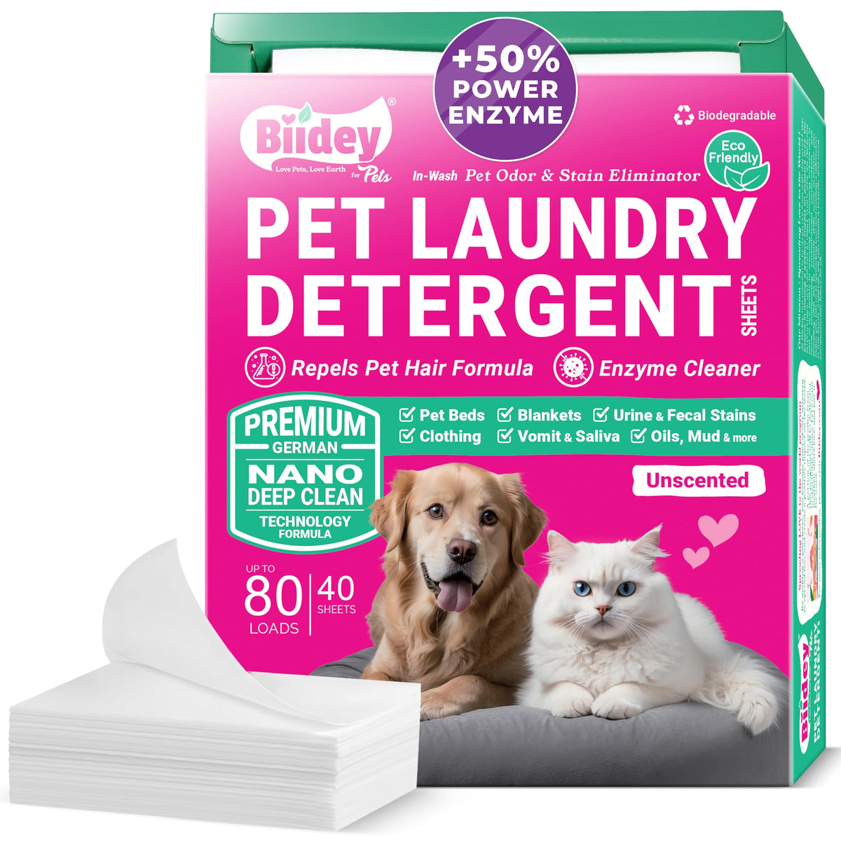 Biidey Pet Laundry Detergent Sheets — Enzyme Cleaner & Odor Eliminator (80 Loads)