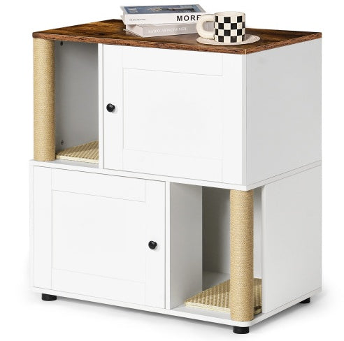 Double Cat Litter Box Enclosure with Shelf — Fits 2 Cats, White Vintage Cabinet