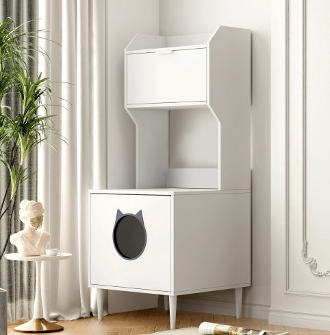 Hidden Cat Litter Box Enclosure with Shelves & Doors — White Wooden Industrial Cabinet