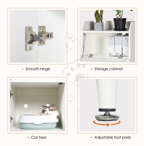 Hidden Cat Litter Box Enclosure with Shelves & Doors — White Wooden Industrial Cabinet