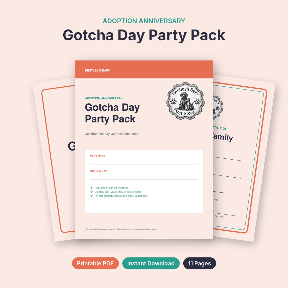 Gotcha Day Party Pack cover with the Bentley's Bark logo, party sign and certificate behind it