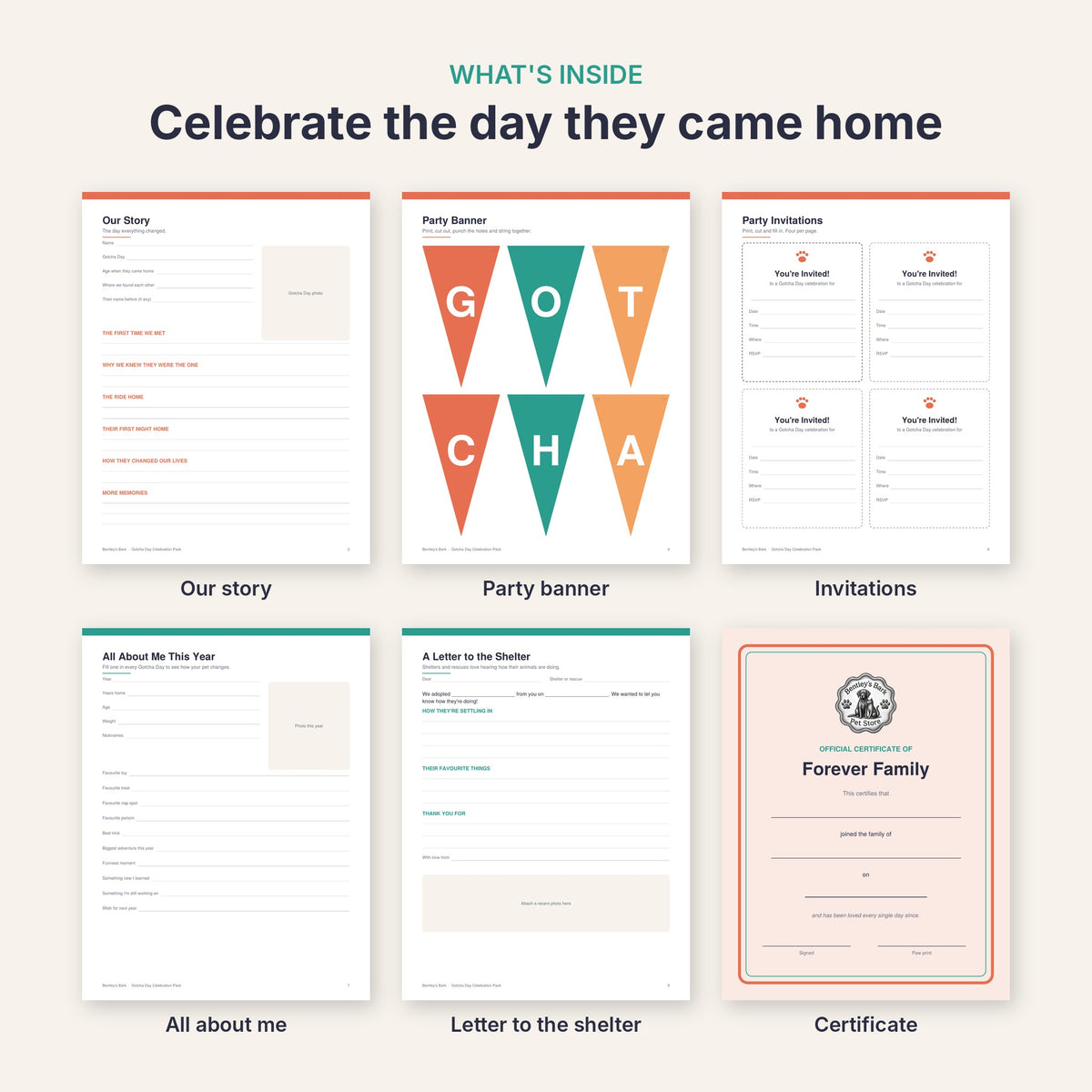 Pages: our story, party banner, invitations, all about me, letter to the shelter and Forever Family certificate