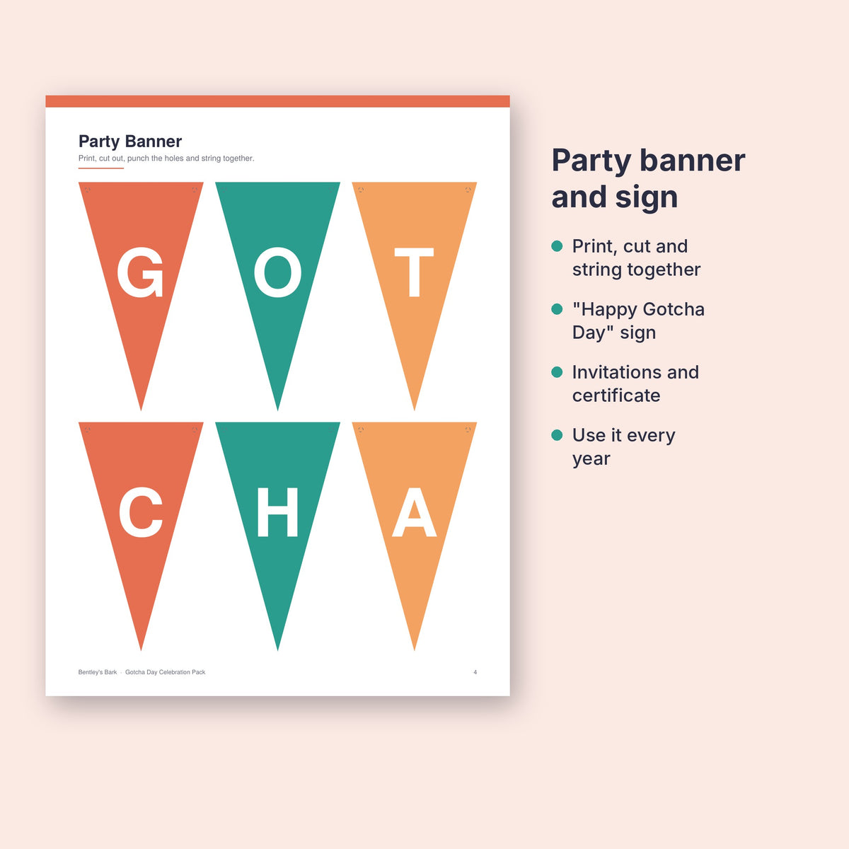 Colourful printable party banner pennants spelling GOTCHA