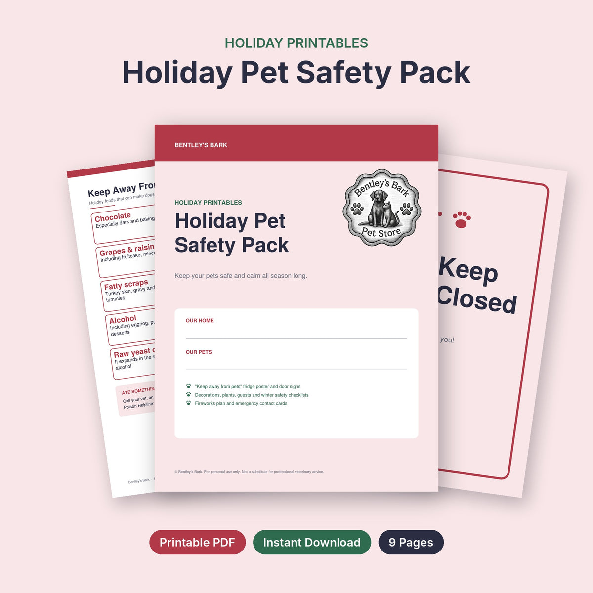 Holiday Pet Safety Pack cover with the Bentley's Bark logo, fridge poster and door sign behind it