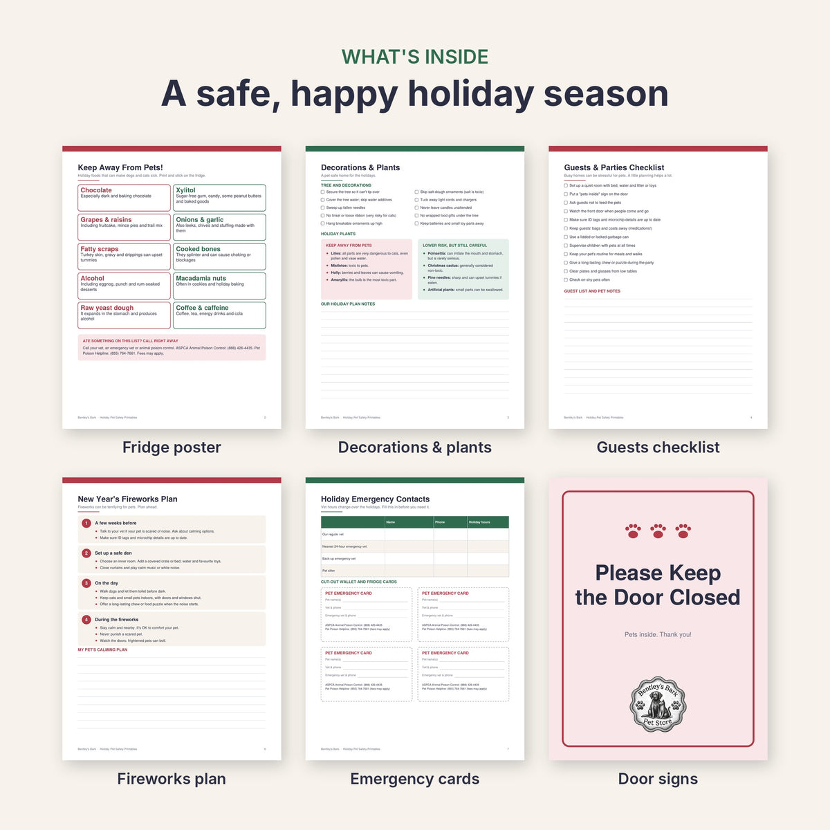 Pages: toxic foods fridge poster, decorations and plants, guests checklist, fireworks plan, emergency cards, door signs