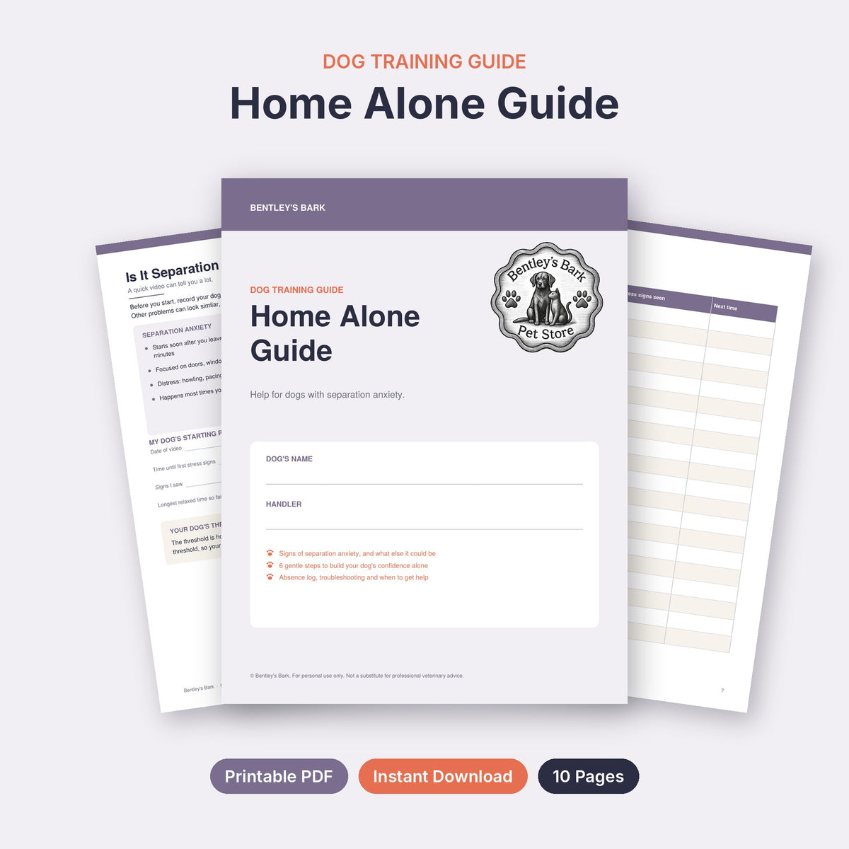 Home Alone separation anxiety guide printable PDF cover with the Bentley's Bark logo and inside pages