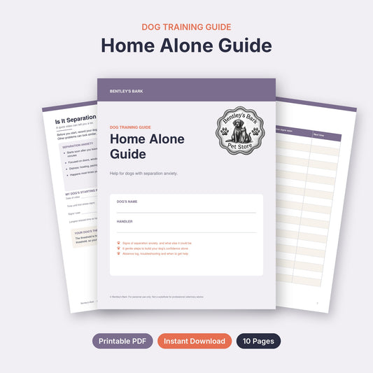 Home Alone separation anxiety guide printable PDF cover with the Bentley's Bark logo and inside pages