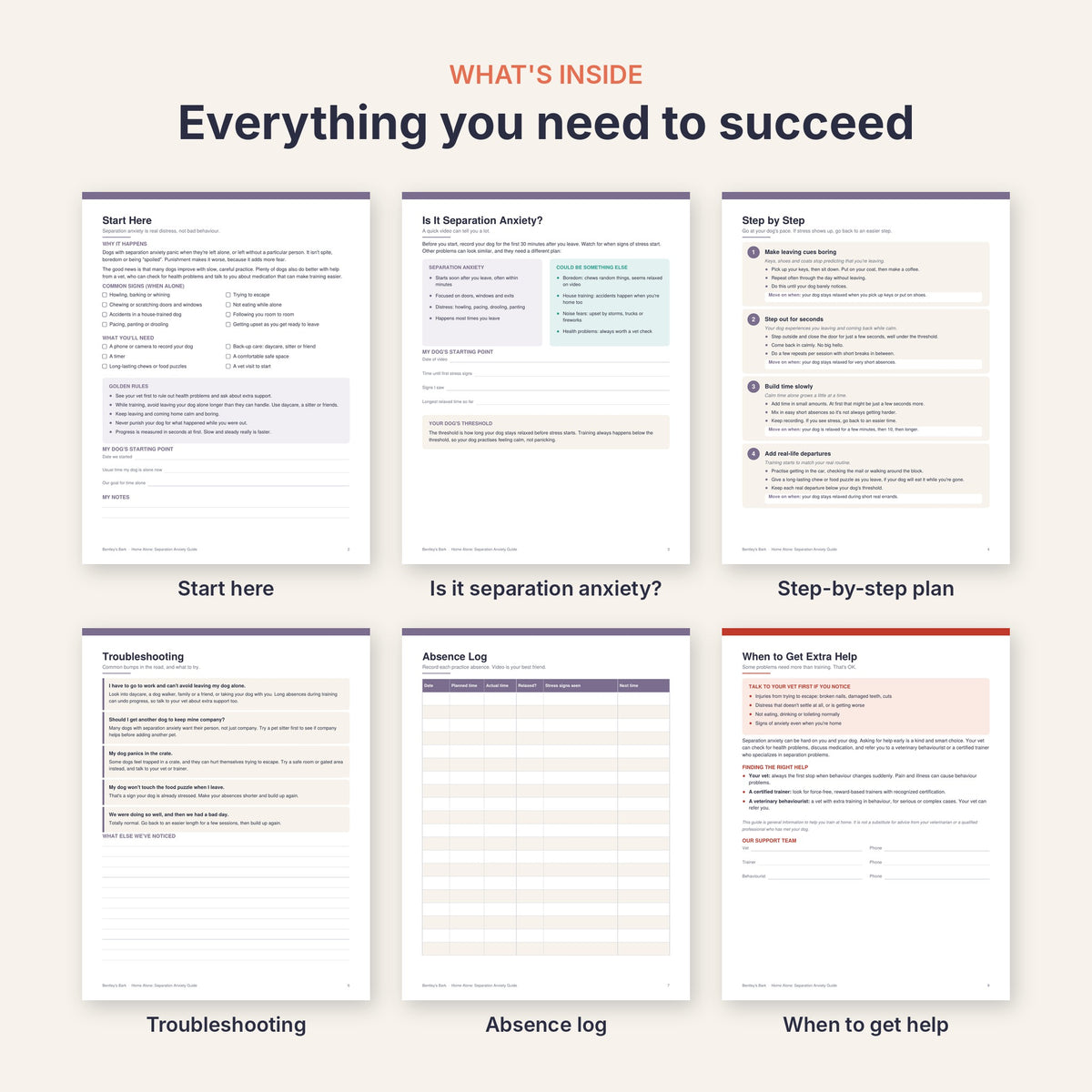 Inside pages: start here, is it separation anxiety, step-by-step plan, troubleshooting, absence log, getting help