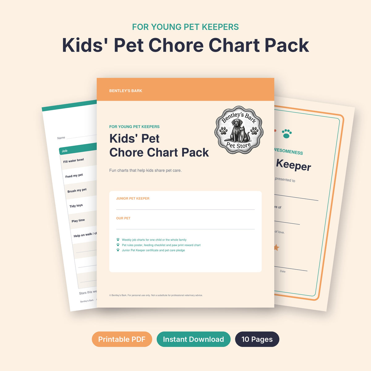 Kids' Pet Chore Chart Pack printable PDF cover with Bentley's Bark logo, 10 colourful pages