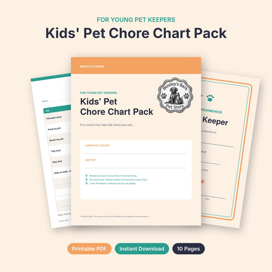 Kids' Pet Chore Chart Pack printable PDF cover with Bentley's Bark logo, 10 colourful pages
