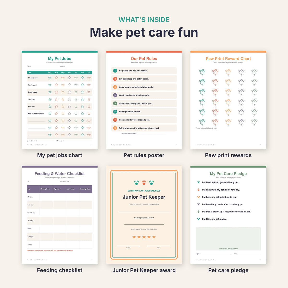 Inside: pet jobs chart, pet rules poster, paw print rewards, feeding checklist, Junior Pet Keeper award, pledge