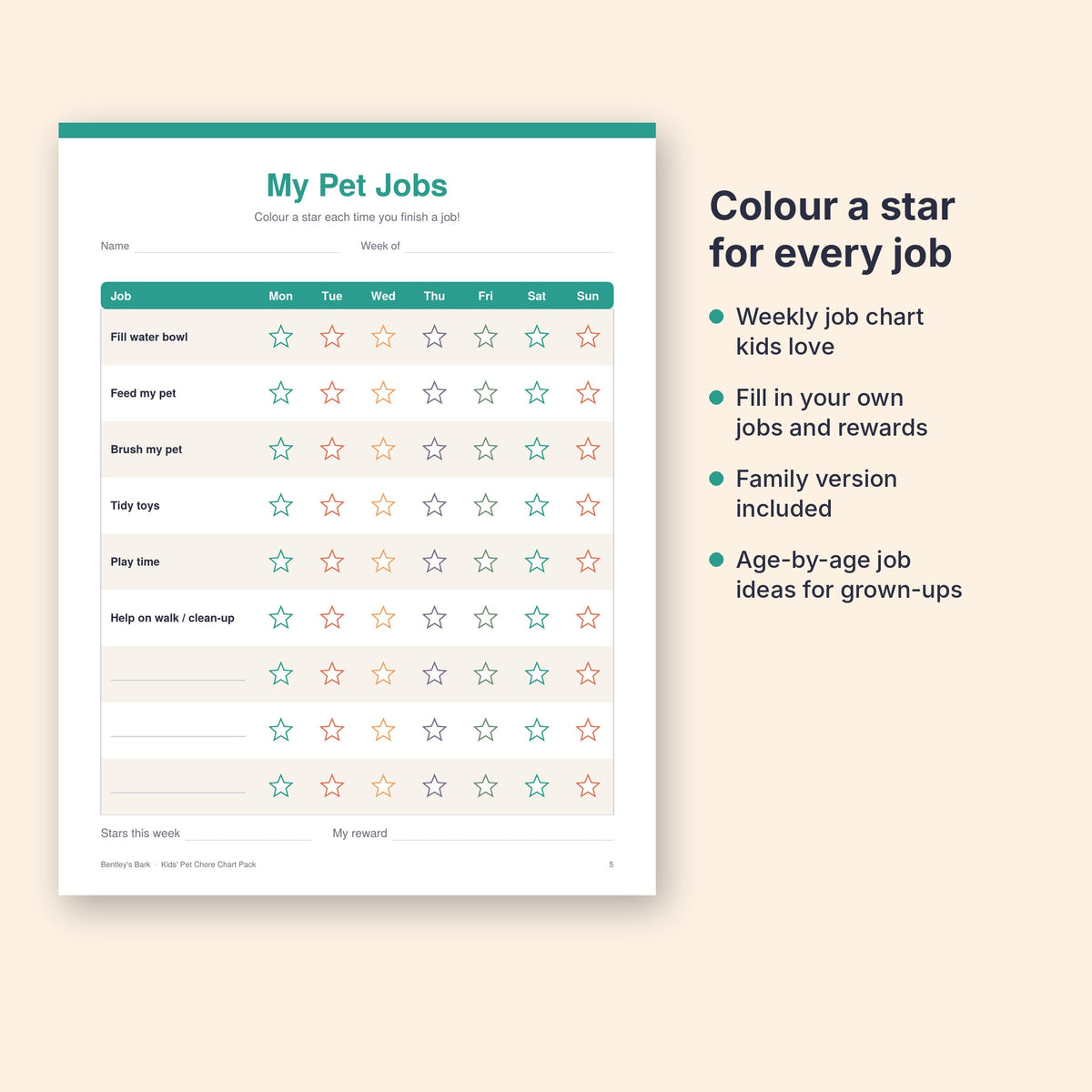 Kids' Pet Chore Chart Pack cover with a colourful job chart and Junior Pet Keeper certificate behind it