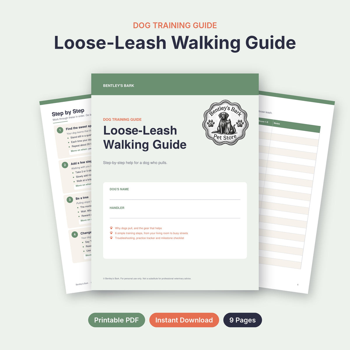 Step-by-step loose-leash walking training page with goals for each step