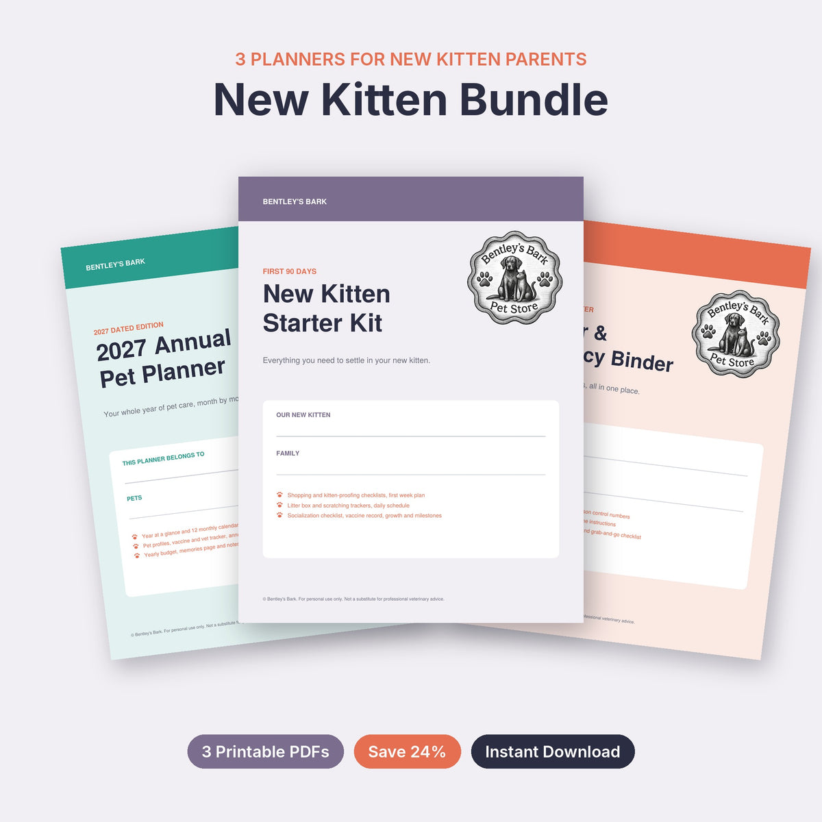 What's included in the New Kitten Bundle: 3 planner covers, value $32.97, bundle $24.99, save $7.98