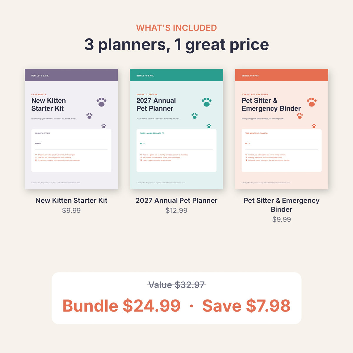 New Kitten Bundle: Kitten Starter Kit, 2027 Planner and Pet Sitter Binder covers, save 24%
