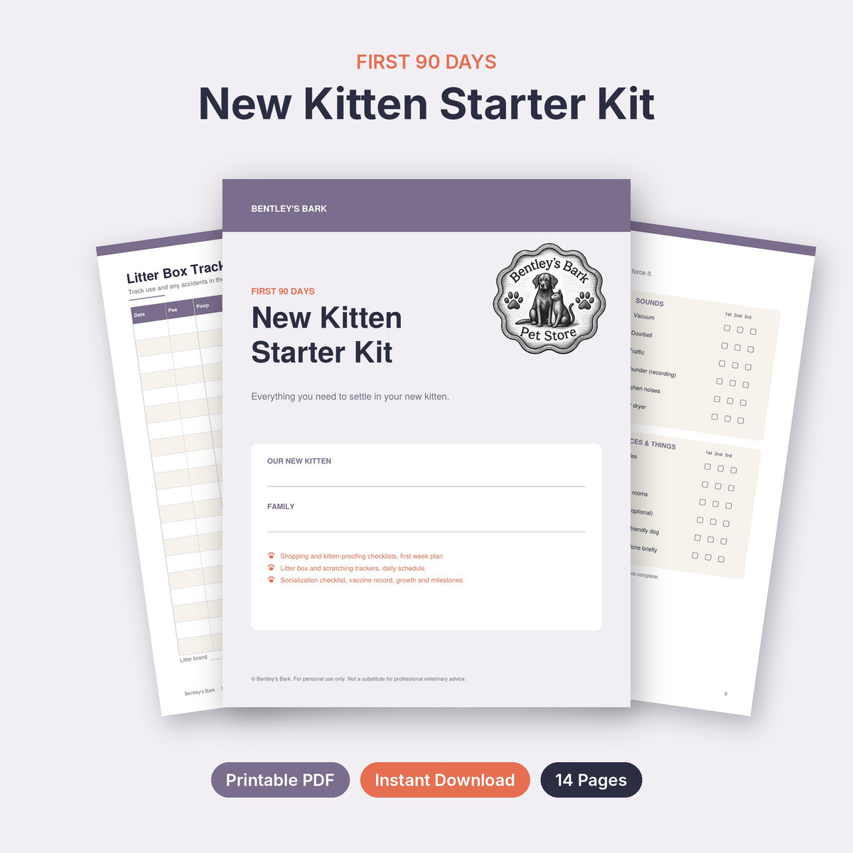 New Kitten Starter Kit printable PDF cover with Bentley's Bark logo, 14 pages for the first 90 days