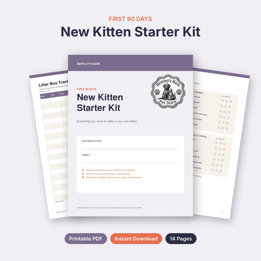 New Kitten Starter Kit printable PDF cover with Bentley's Bark logo, 14 pages for the first 90 days