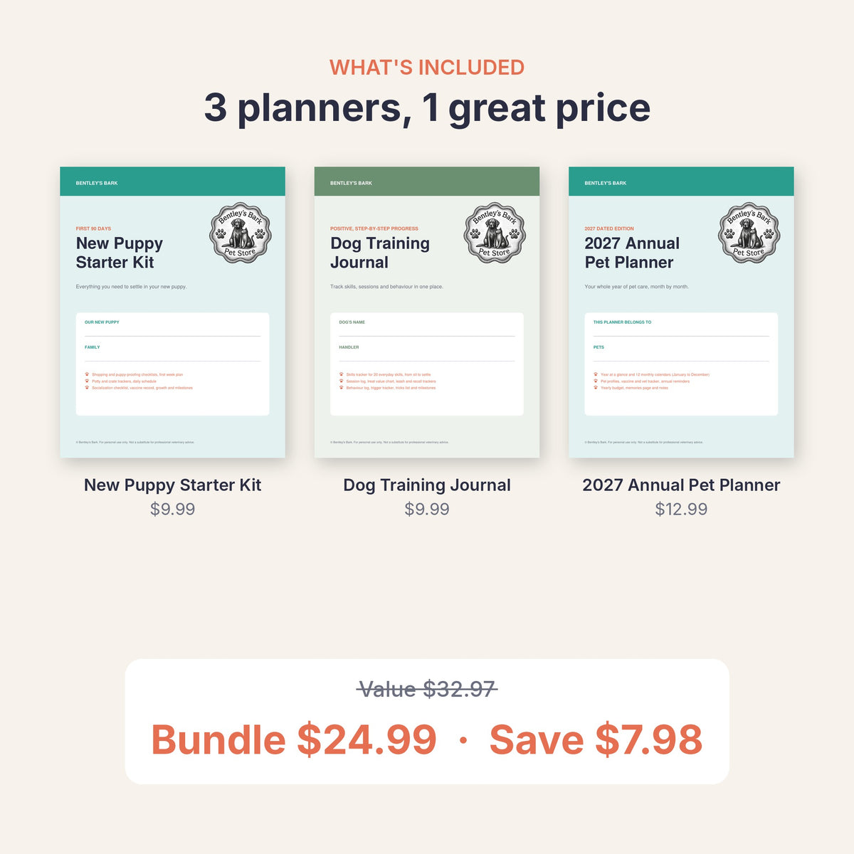 What's included in the New Puppy Bundle: 3 planner covers, value $32.97, bundle $24.99, save $7.98