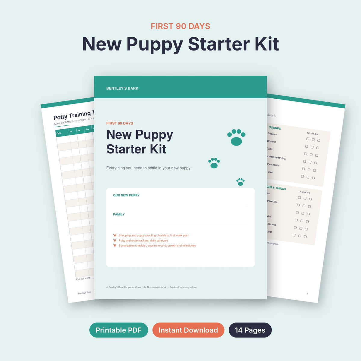 Puppy socialization checklist page covering people, sounds, handling and places