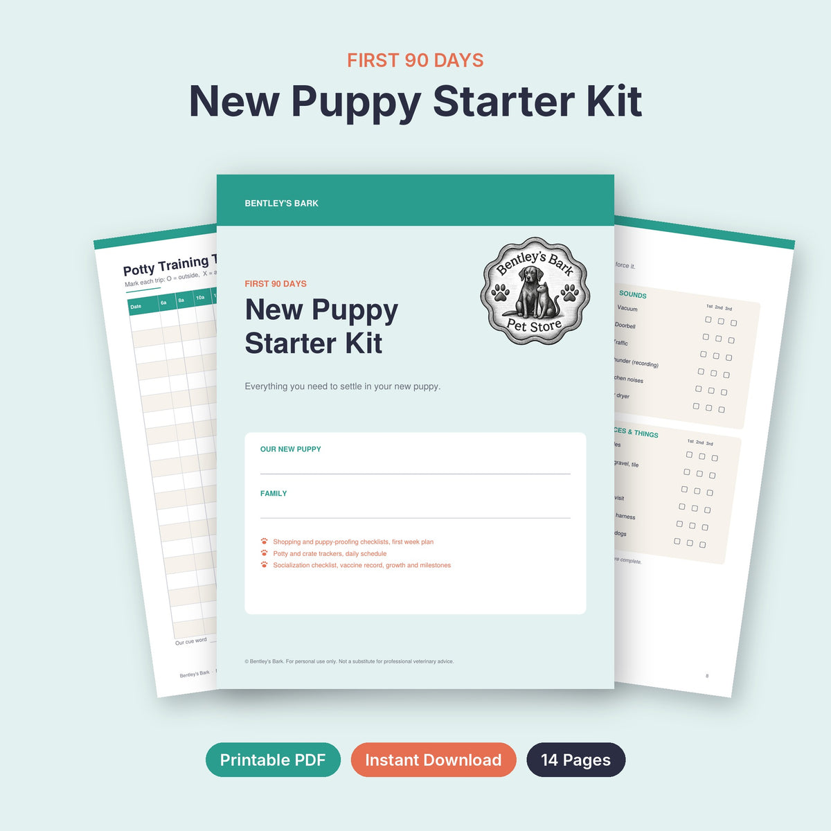 New Puppy Starter Kit printable PDF cover with Bentley's Bark logo, 14 pages for the first 90 days