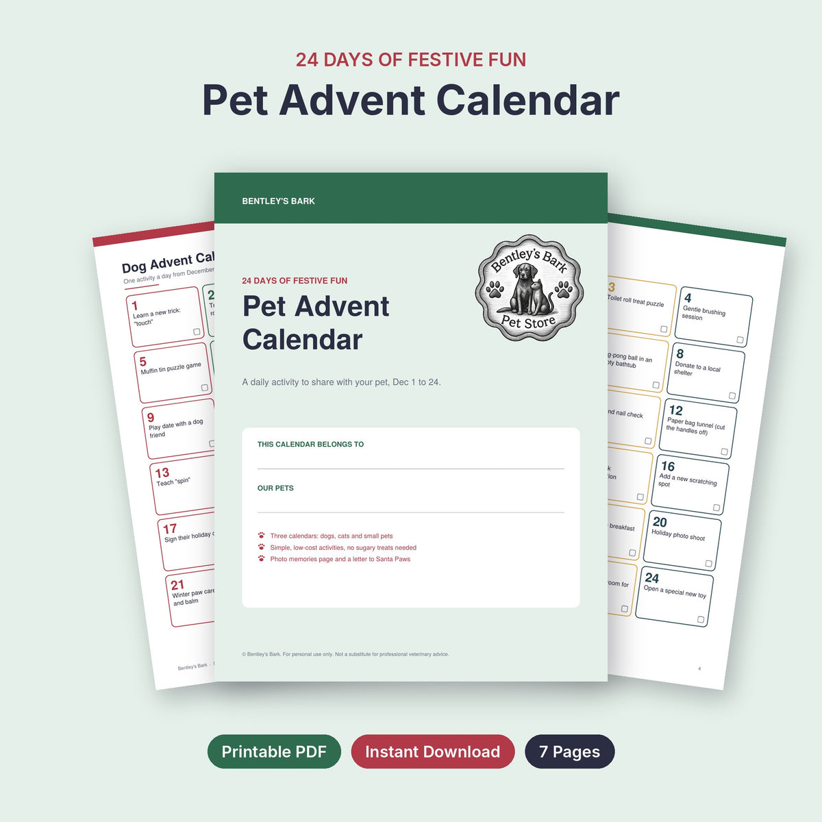Pet Advent Activity Calendar cover with the Bentley's Bark logo and calendar pages behind it