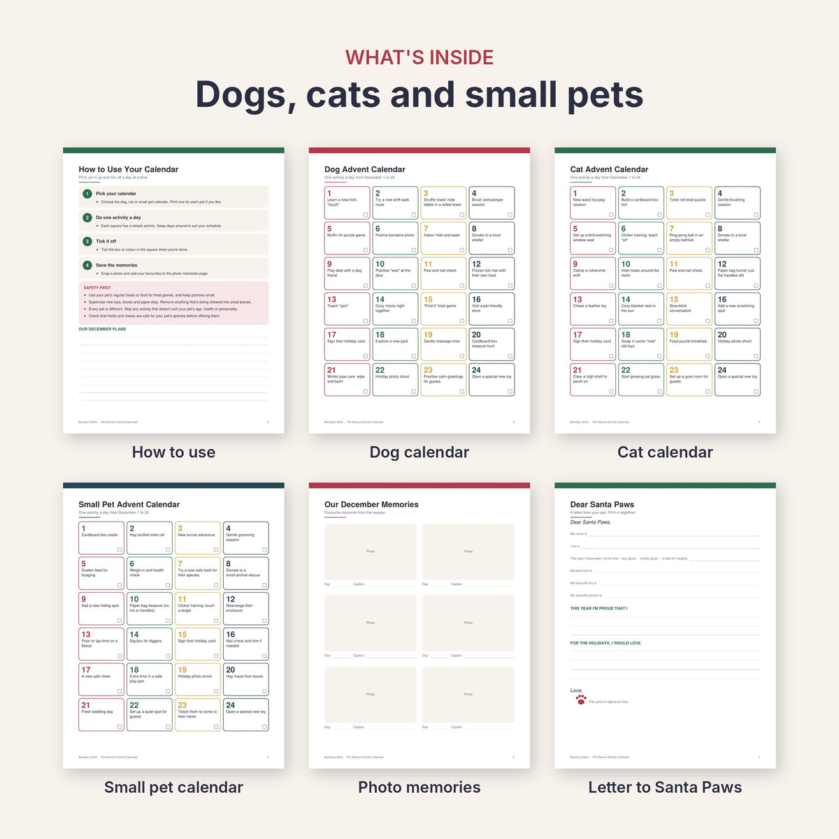 Pages: how to use, dog, cat and small pet advent calendars, photo memories and letter to Santa Paws