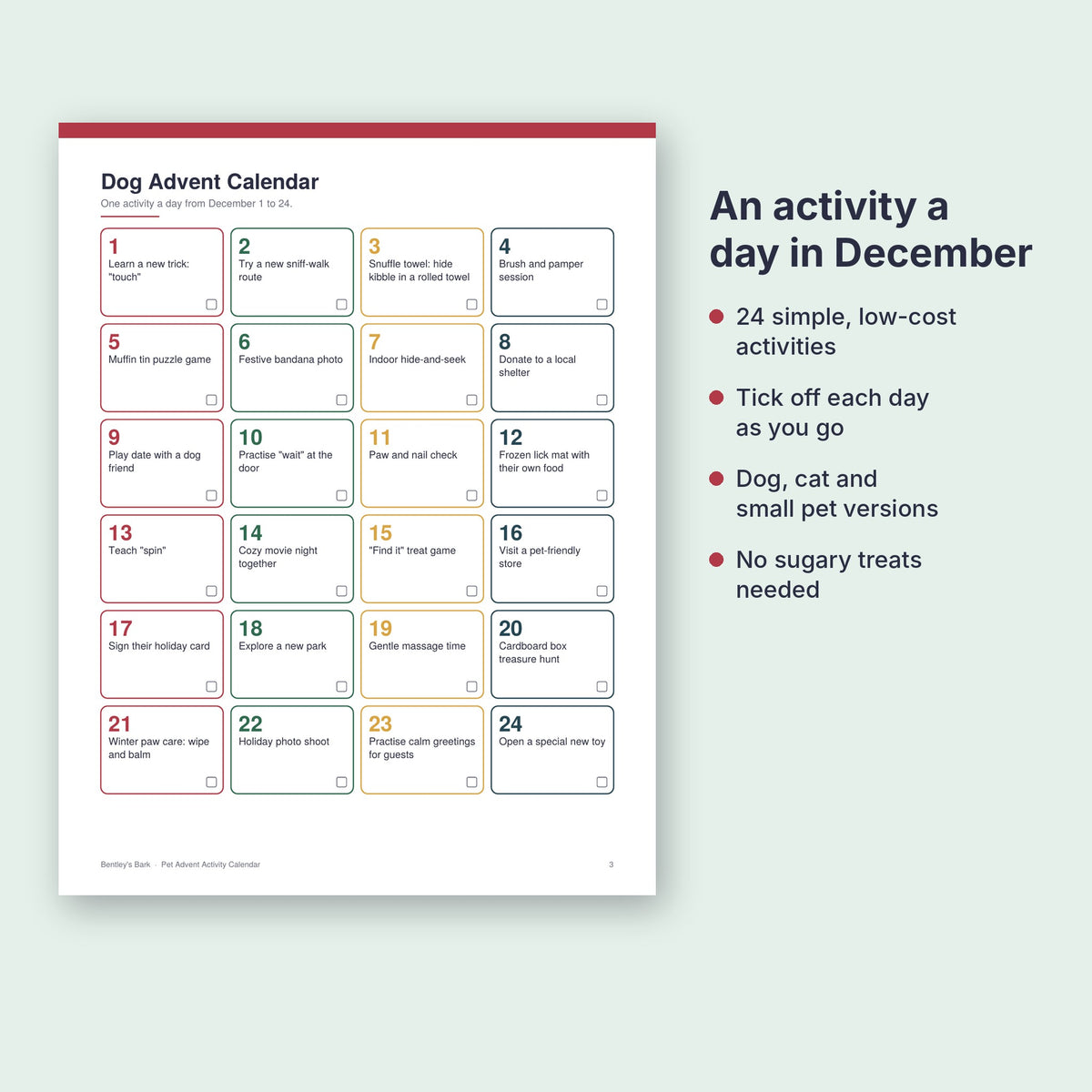 Dog advent calendar with 24 numbered daily activities for December