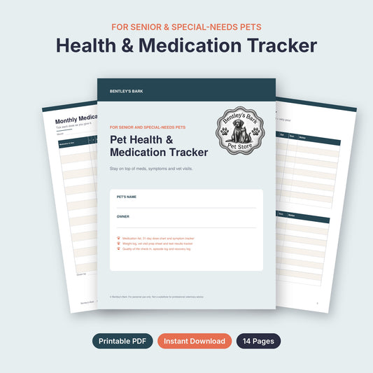 Pet Health & Medication Tracker printable PDF cover with logo, 14 pages, for senior and special-needs pets