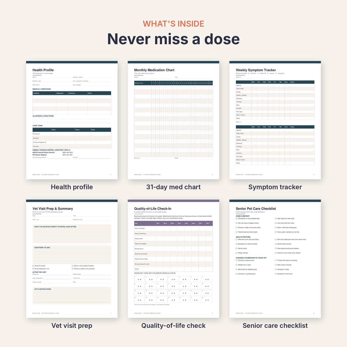 Pet Health and Medication Tracker printable PDF cover with medication chart and symptom pages behind it