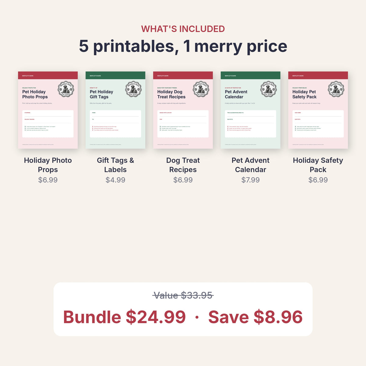 What's included: 5 printable covers with prices, value $33.95, bundle price $24.99, save $8.96