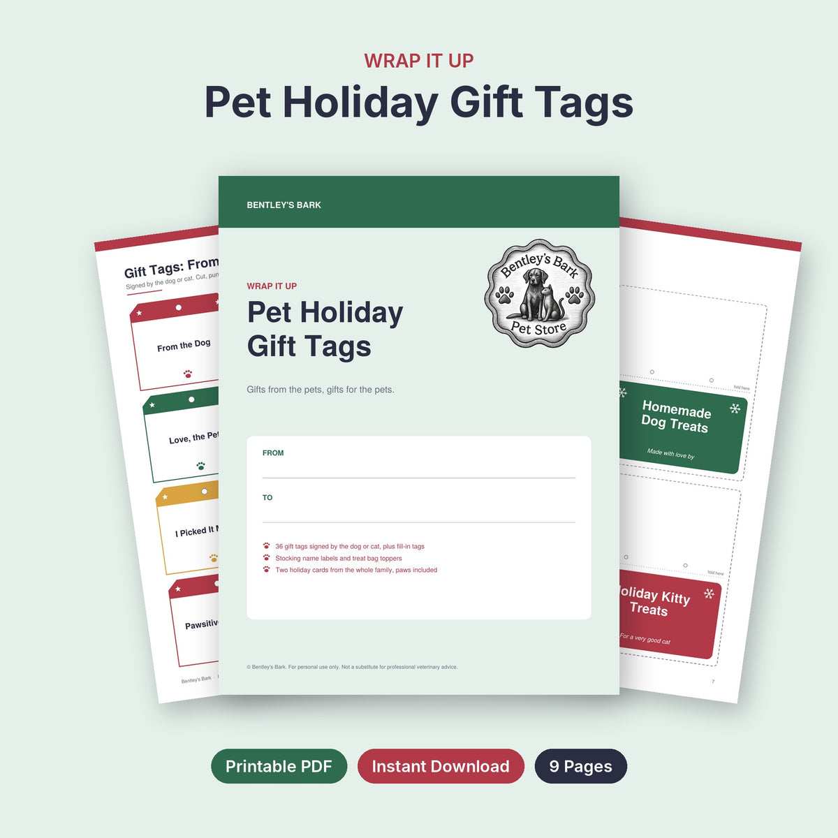 Pet Holiday Gift Tags printable PDF cover with logo, with gift tag and treat bag topper pages behind it