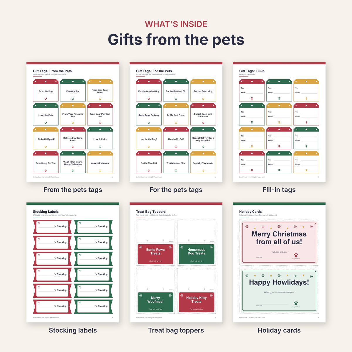 Inside: from the pets tags, for the pets tags, fill-in tags, stocking labels, treat bag toppers, holiday cards