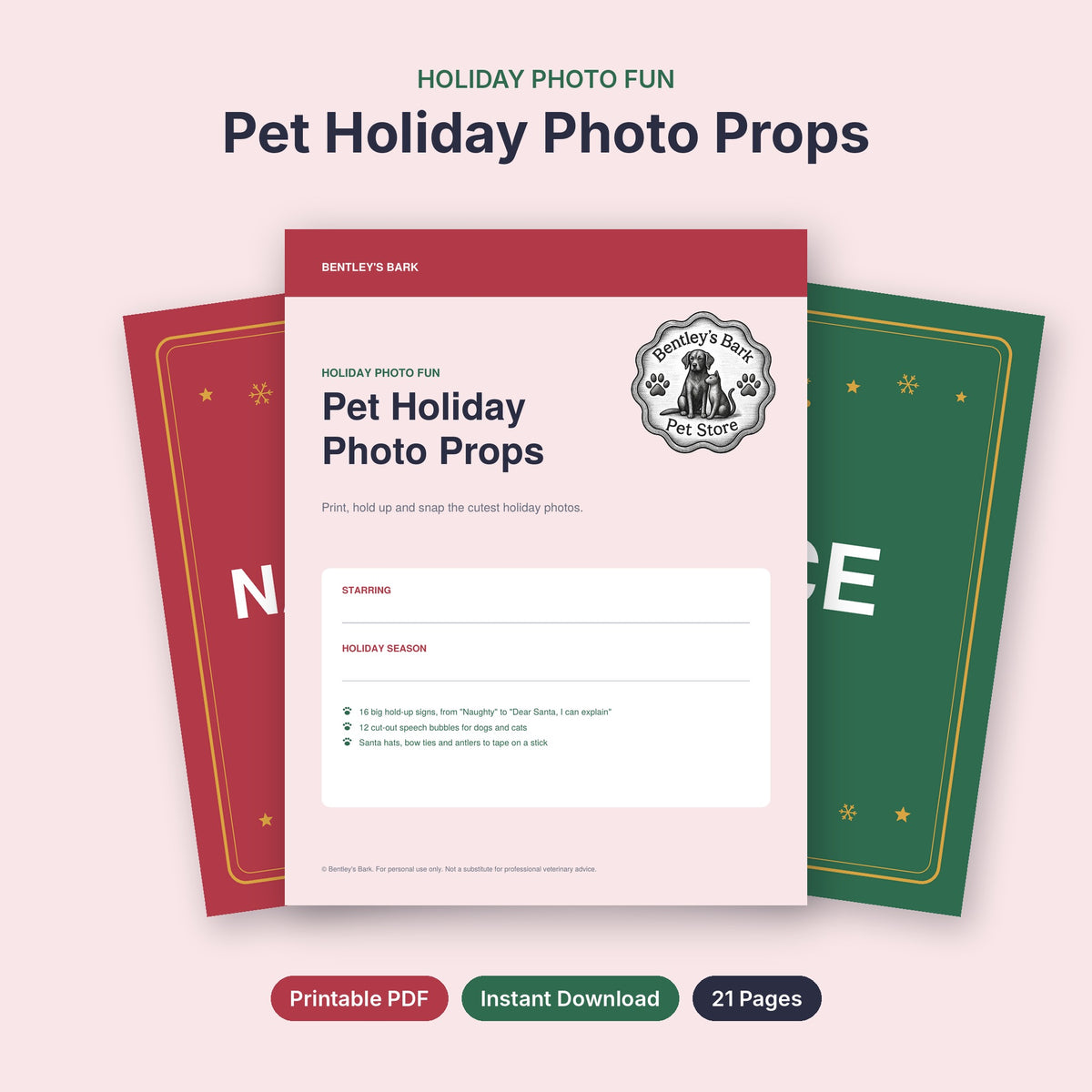 Pet Holiday Photo Props printable PDF cover with logo, with Naughty and Nice signs behind it